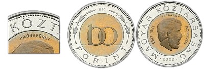 2002-os 100 forint Kossuth próbaveret Proof