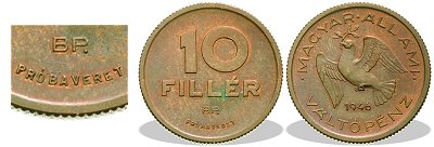 1946-os 10 fillér bronz próbaveret