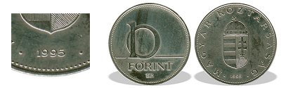 1995-ös 10 forint BU fényesített