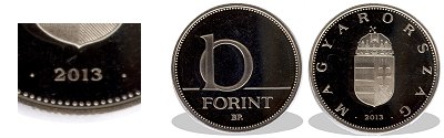2013-as 10 forint proof tükörveret