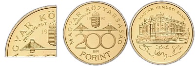 1992-es 200 forint BU prbaveret arany