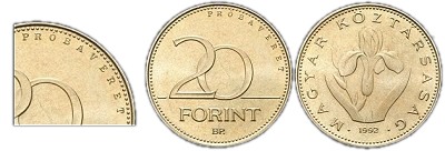 1992-es 20 forint próbaveret BU