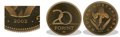 2002-es 20 forint proof tükörveret