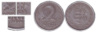 1946-os 2 forint érvénytelenített korabeli hamis