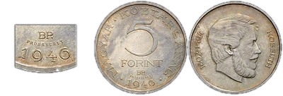 1946-os 5 forint próbaveret vékonyabb betűk számok