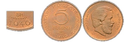 1946-os 5 forint próbaveret vékonyabb betűk számok tombak