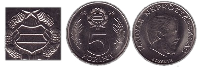 1972-es 5 forint a címerben a szín nincs jelölve