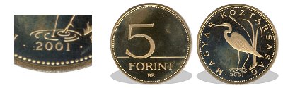 2001-es 5 forint proof tükörveret