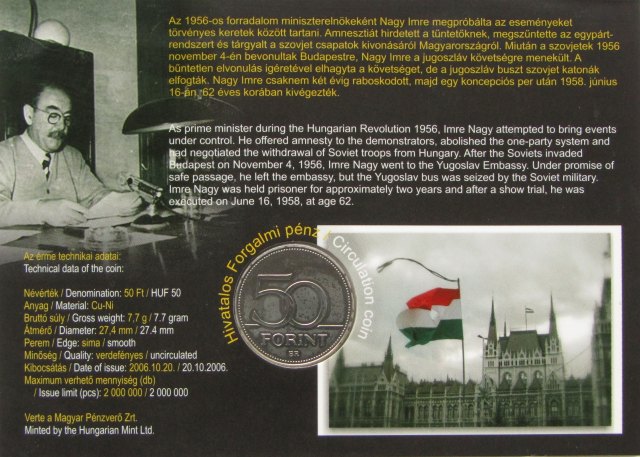 2008. vi forgalmi rms bliszter Nagy Imre a mrtr miniszterelnk emlkre forint emlkrms bliszter