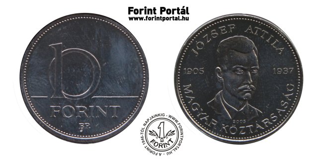 2005-ös 10 forint József Attila verdefényes veret