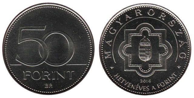 2016-os 50 forintos 70 ves a Forint