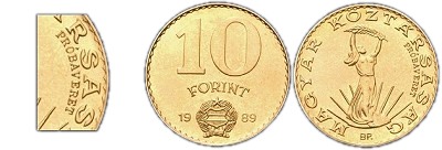 1989-es 10 forint Magyar Népköztársaság címer Magyar Köztársaság körirat próbaveret