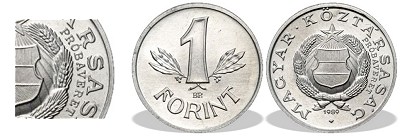 1989-es 1 forint Magyar Népköztársaság címer Magyar Köztársaság körirat próbaveret