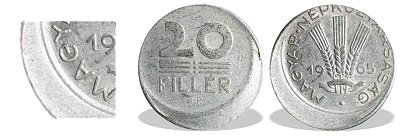 1965-ös 20 fillér félrevert veret