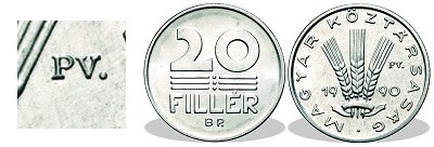 1990-es 20 fillér PV jelzéssel