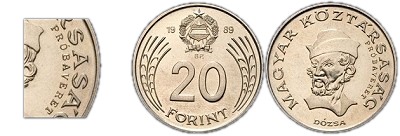 1989-es 20 forint Magyar Népköztársaság címer Magyar Köztársaság körirat próbaveret