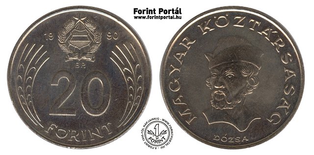 1990-es 20 forint Magyar Kztrsasg krirat - Magyar Npkztrsag cmer