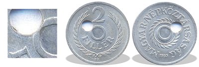 1955-ös 2 fillér félrelyukasztott