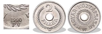 1990-es 2 fillér PV jelzéssel próbaveret