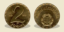 1990-es 2 forint Magyar Kztrsasg krirat - Magyar Npkztrsag cmer