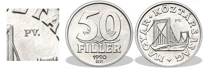 1990-es 50 filléres PV jelzéssel