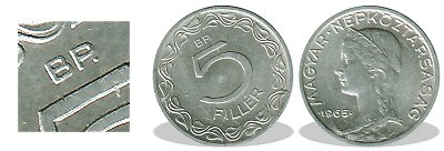1965-ös 5 fillér az előlap elfordult  a hátlaphoz képest