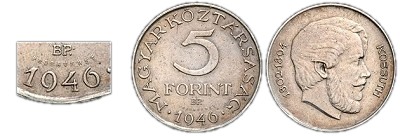 1946-os 5 forint prbaveret vastagabb betk szmok fordtott peremirat