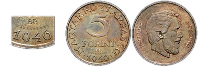 1946-os 5 forint próbaveret vastagabb betűk számok