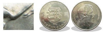 1947-es 5 forint Kossuth haja csak homlokközépig ér