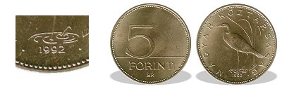 1992-es 5 forint BU fnyestett