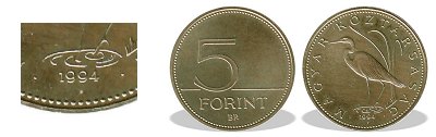 1994-es 5 forint BU fnyestett